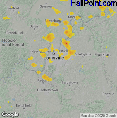 Hail Map for Louisville, KY Region on June 22, 2022