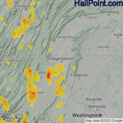 Hail Map for Hagerstown, MD Region on June 22, 2022