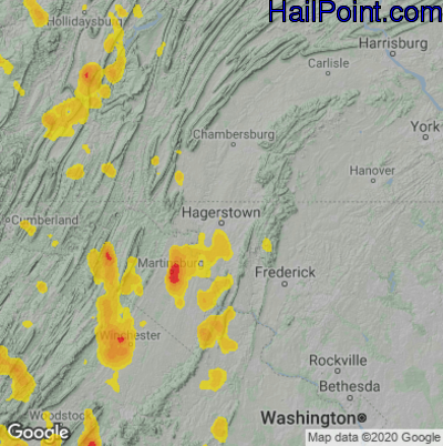 Hail Map for Hagerstown, MD Region on June 22, 2022 