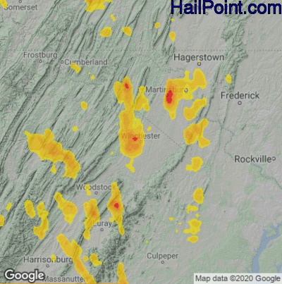 Hail Map for Winchester, VA Region on June 22, 2022