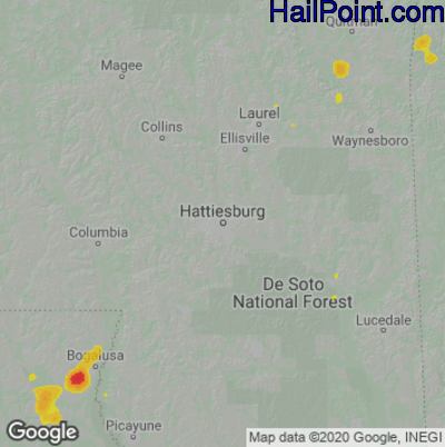 Hail Map for Hattiesburg, MS Region on June 22, 2022