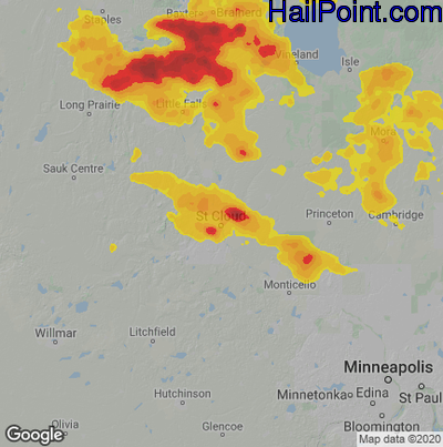 Hail Map for St Cloud, MN Region on June 23, 2022