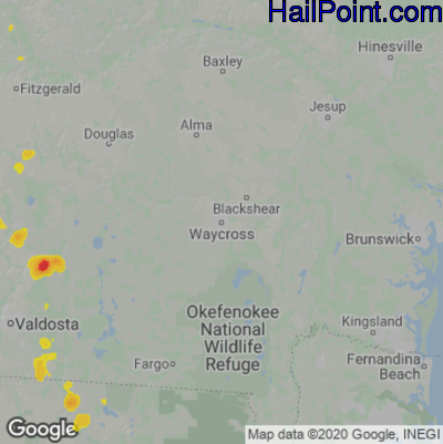 Hail Map for Waycross, GA Region on June 24, 2022 