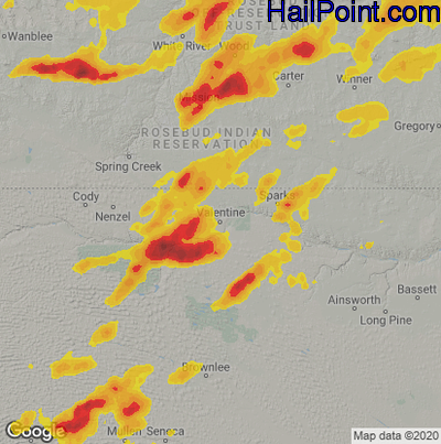 Hail Map for Valentine, NE Region on June 24, 2022