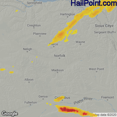 Hail Map for Norfolk, NE Region on June 25, 2022