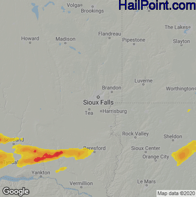 Hail Map for Sioux Falls, SD Region on June 25, 2022