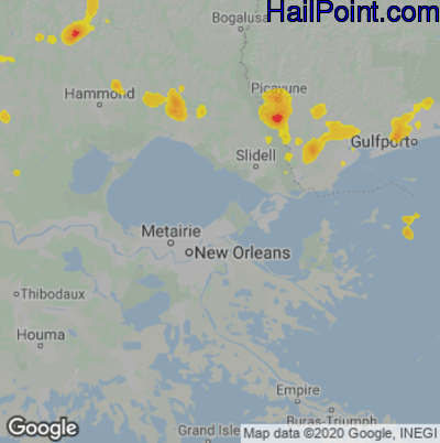Hail Map for New Orleans, LA Region on June 25, 2022