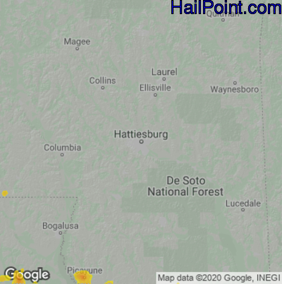 Hail Map for Hattiesburg, MS Region on June 25, 2022 