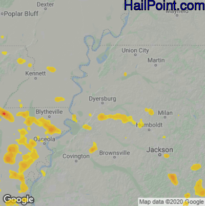 Hail Map for Dyersburg, TN Region on June 26, 2022