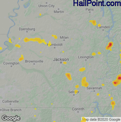 Hail Map for Jackson, TN Region on June 26, 2022
