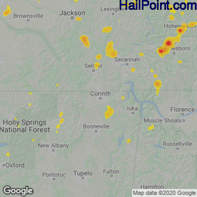 Hail Map for Corinth, MS Region on June 26, 2022