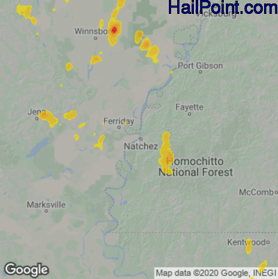 Hail Map for Natchez, MS Region on June 26, 2022