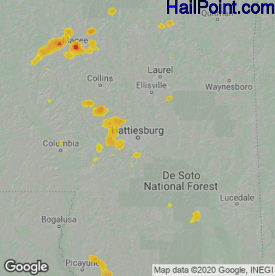 Hail Map for Hattiesburg, MS Region on June 26, 2022