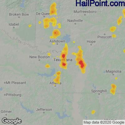 Hail Map for Texarkana, AR Region on June 26, 2022