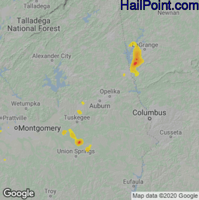 Hail Map for Auburn, AL Region on June 29, 2022