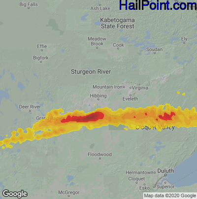 Hail Map for Hibbing, MN Region on June 29, 2022