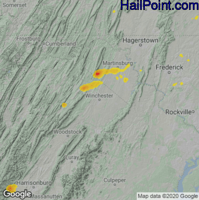 Hail Map for Winchester, VA Region on July 1, 2022