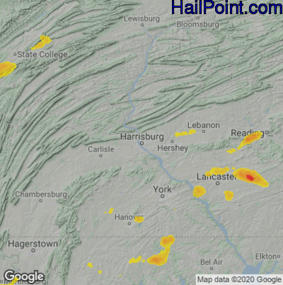 Hail Map for Harrisburg, PA Region on July 1, 2022