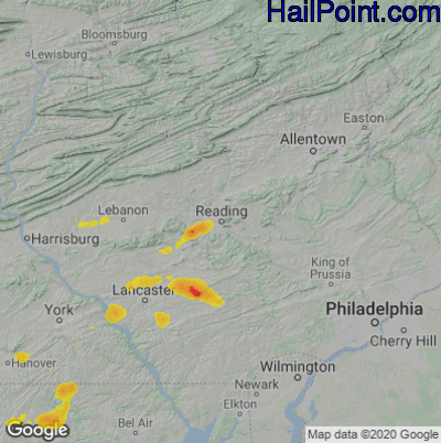Hail Map for Reading, PA Region on July 1, 2022 