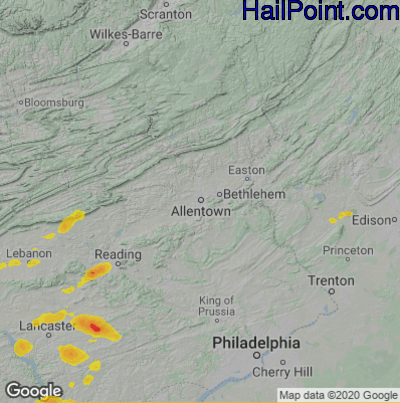 Hail Map for Allentown, PA Region on July 1, 2022 