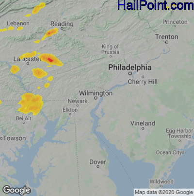Hail Map for Wilmington, DE Region on July 1, 2022