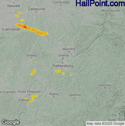 Hail Map for Parkersburg, WV Region on July 1, 2022