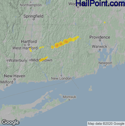 Hail Map for Norwich, CT Region on July 2, 2022 