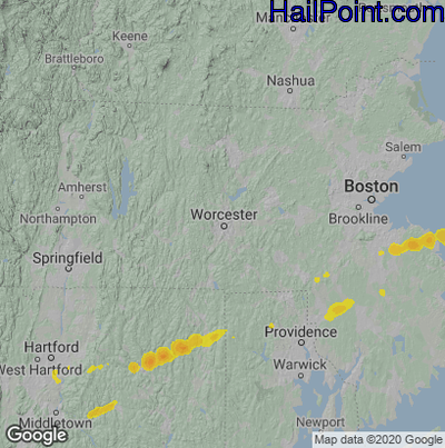 Hail Map for Worcester, MA Region on July 2, 2022