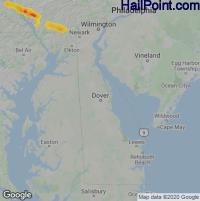 Hail Map for Dover, DE Region on July 2, 2022