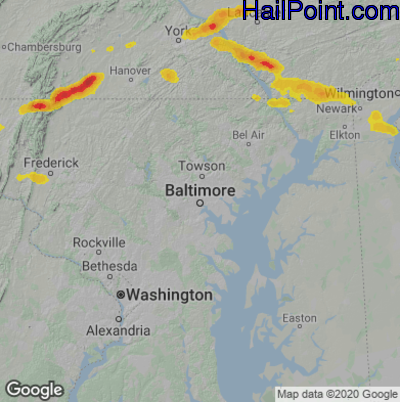 Hail Map for Baltimore, MD Region on July 2, 2022