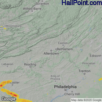 Hail Map for Allentown, PA Region on July 2, 2022