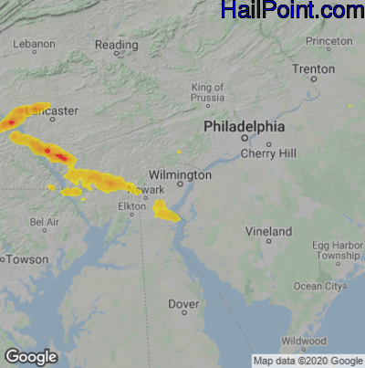 Hail Map for Wilmington, DE Region on July 2, 2022 