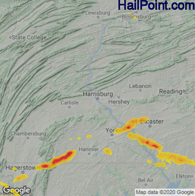 Hail Map for Harrisburg, PA Region on July 2, 2022