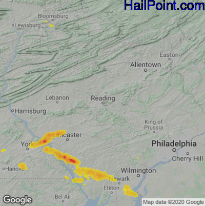 Hail Map for Reading, PA Region on July 2, 2022