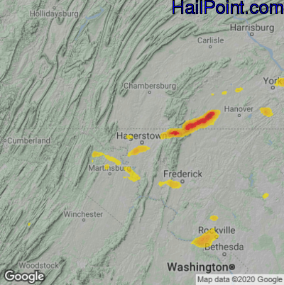 Hail Map for Hagerstown, MD Region on July 2, 2022
