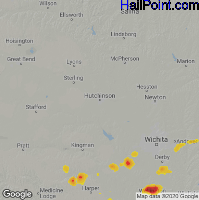 Hail Map for Hutchinson, KS Region on July 2, 2022 