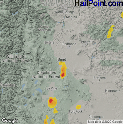 Hail Map for Bend, OR Region on July 2, 2022 
