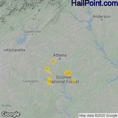 Hail Map for Athens, GA Region on July 3, 2022