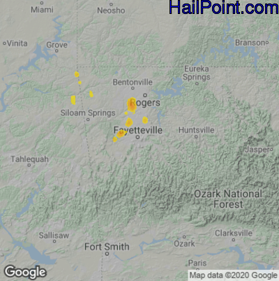 Hail Map for Fayetteville, AR Region on July 3, 2022