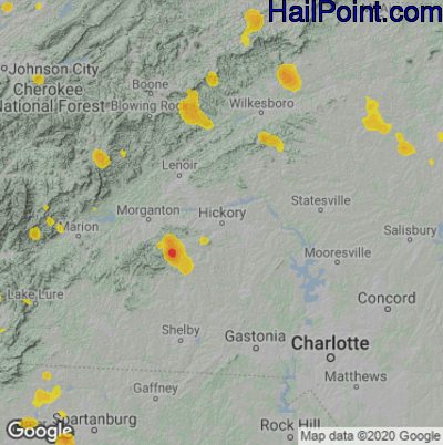 Hail Map for Hickory, NC Region on July 5, 2022