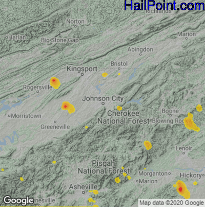 Hail Map for Johnson City, TN Region on July 5, 2022