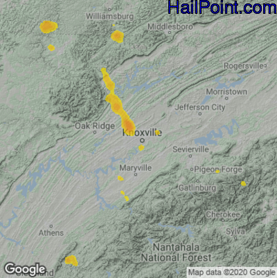 Hail Map for Knoxville, TN Region on July 5, 2022