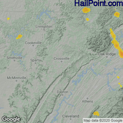 Hail Map for Crossville, TN Region on July 5, 2022