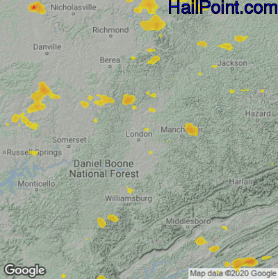 Hail Map for London, KY Region on July 6, 2022