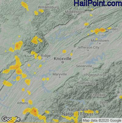 Hail Map for Knoxville, TN Region on July 6, 2022