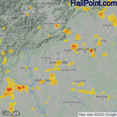 Hail Map for Greenville, SC Region on July 6, 2022