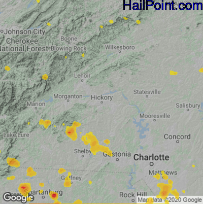 Hail Map for Hickory, NC Region on July 6, 2022