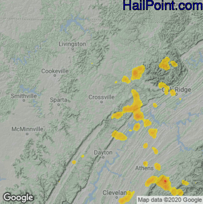 Hail Map for Crossville, TN Region on July 6, 2022
