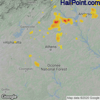 Hail Map for Athens, GA Region on July 6, 2022 
