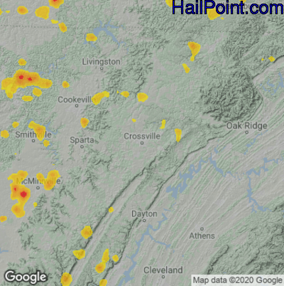 Hail Map for Crossville, TN Region on July 7, 2022
